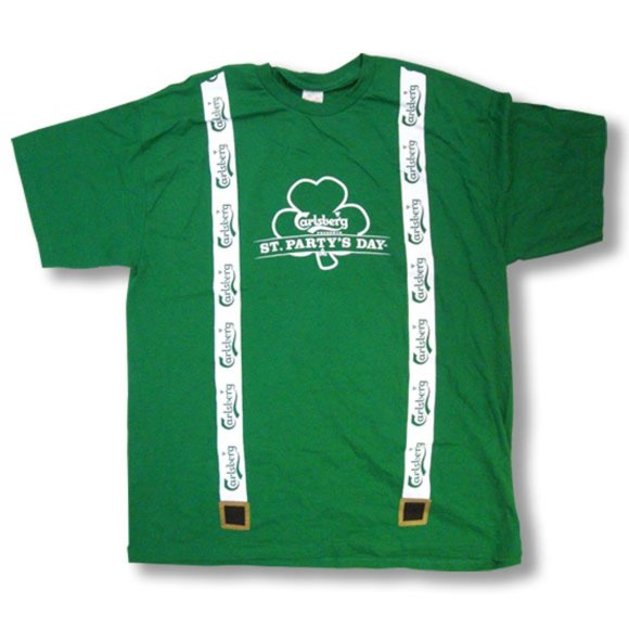 CARLSBERG BEER ST PATRICK'S DAY SUSPENDERS T-SHIRT - Picture 1 of 2